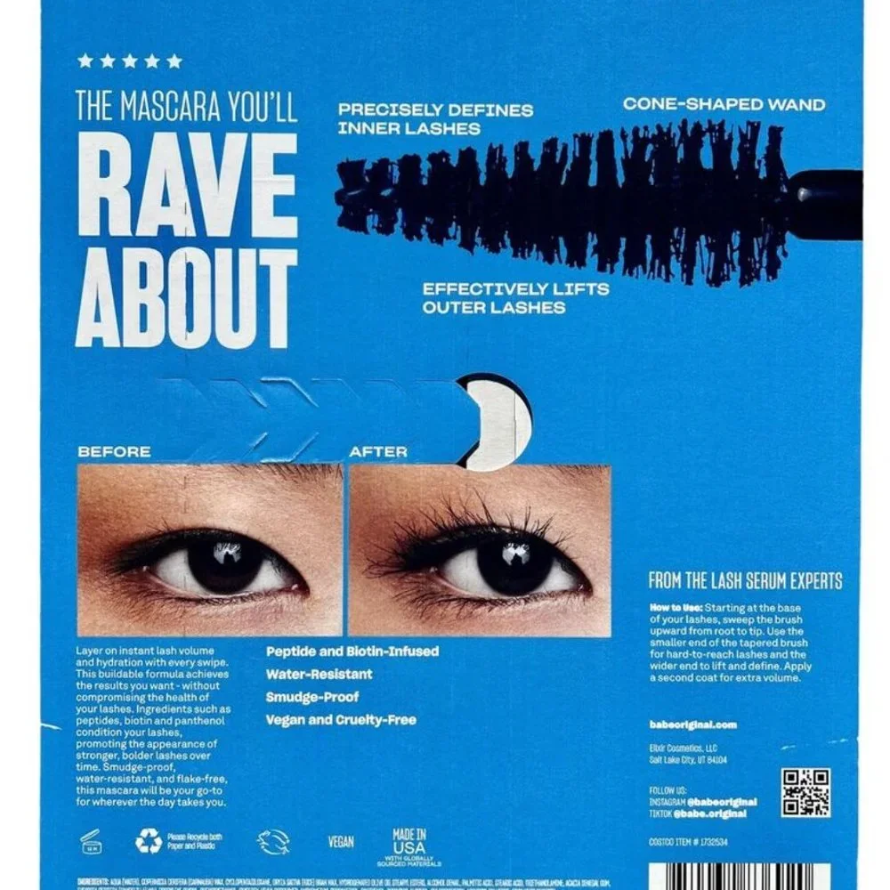 Babe Lash Volumnizing Mascara Black - 0.21 oz. Full Size -Pack of 2 - Sealed